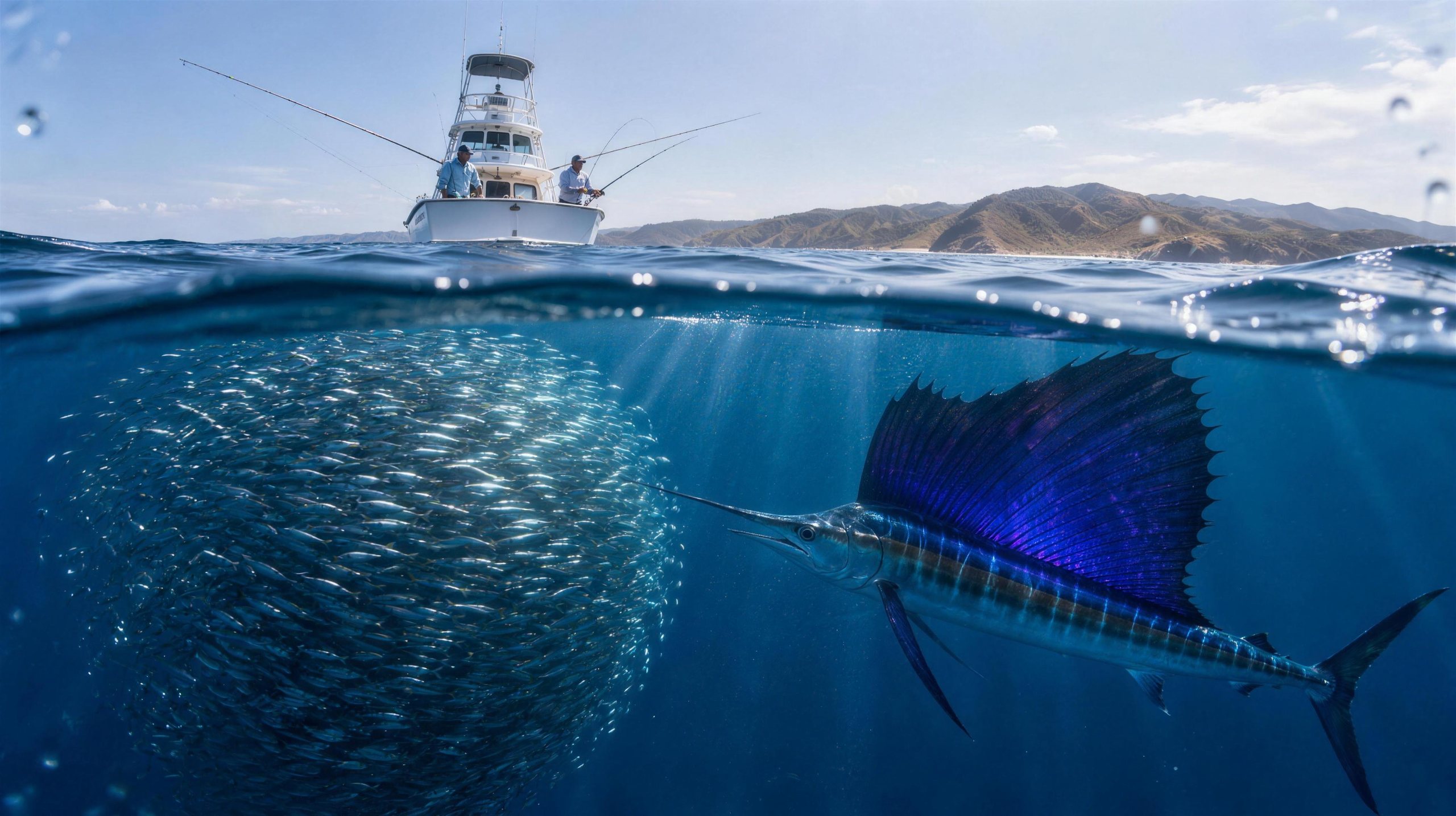 Sailfish on a baitball beneath a Go Fish boat off Tamarindo